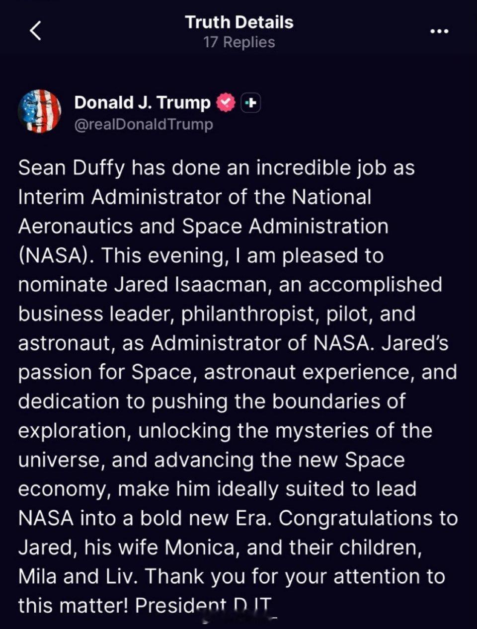 特朗普跟马斯克和解 特朗普提名马斯克力荐的人选Jared Issacman担任N