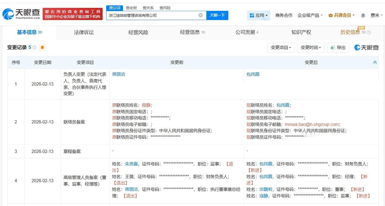 宗馥莉接手浙江娃哈哈管理咨询公司

天眼查工商信息显示，近日，浙江娃哈哈管理咨询