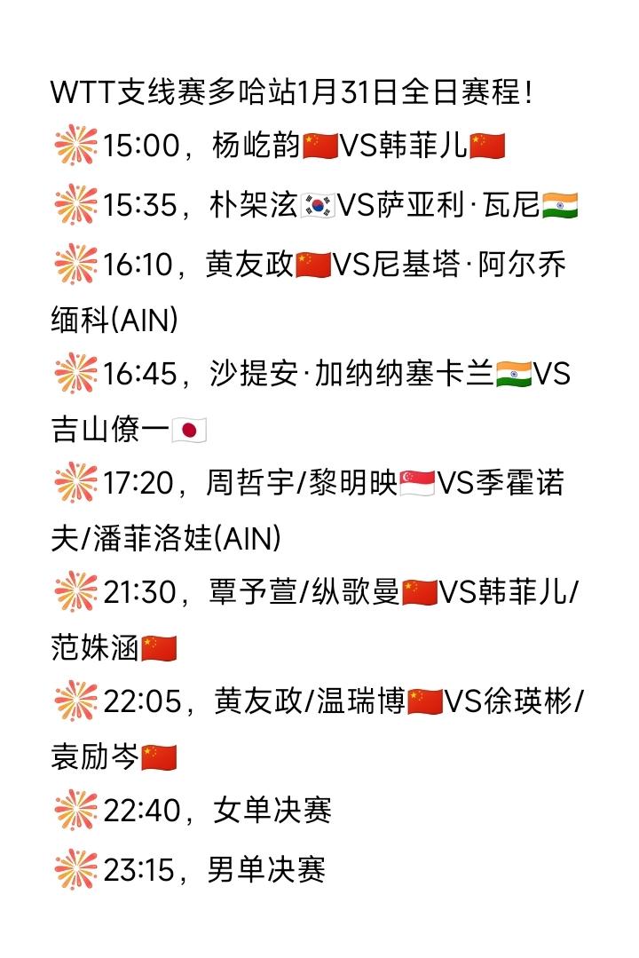 今天决赛日！
2026WTT支线赛多哈站今日（1月31日，周六）全日赛程如下图。