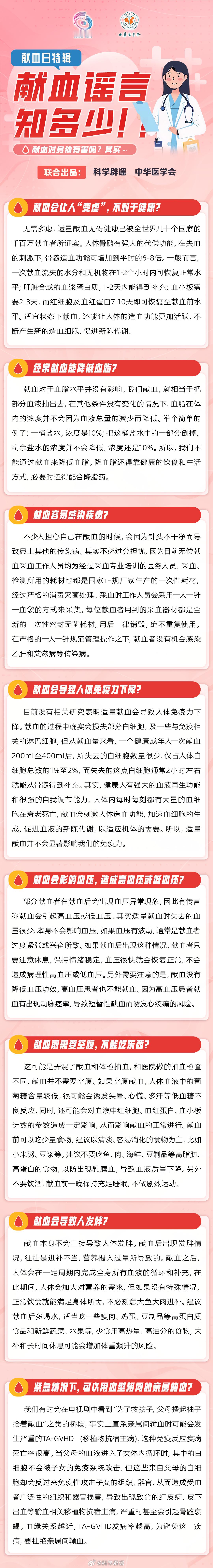 【#献血谣言知多少# 】很多情况下，患者都需要输血才能摆脱危险，而这些血液，则来