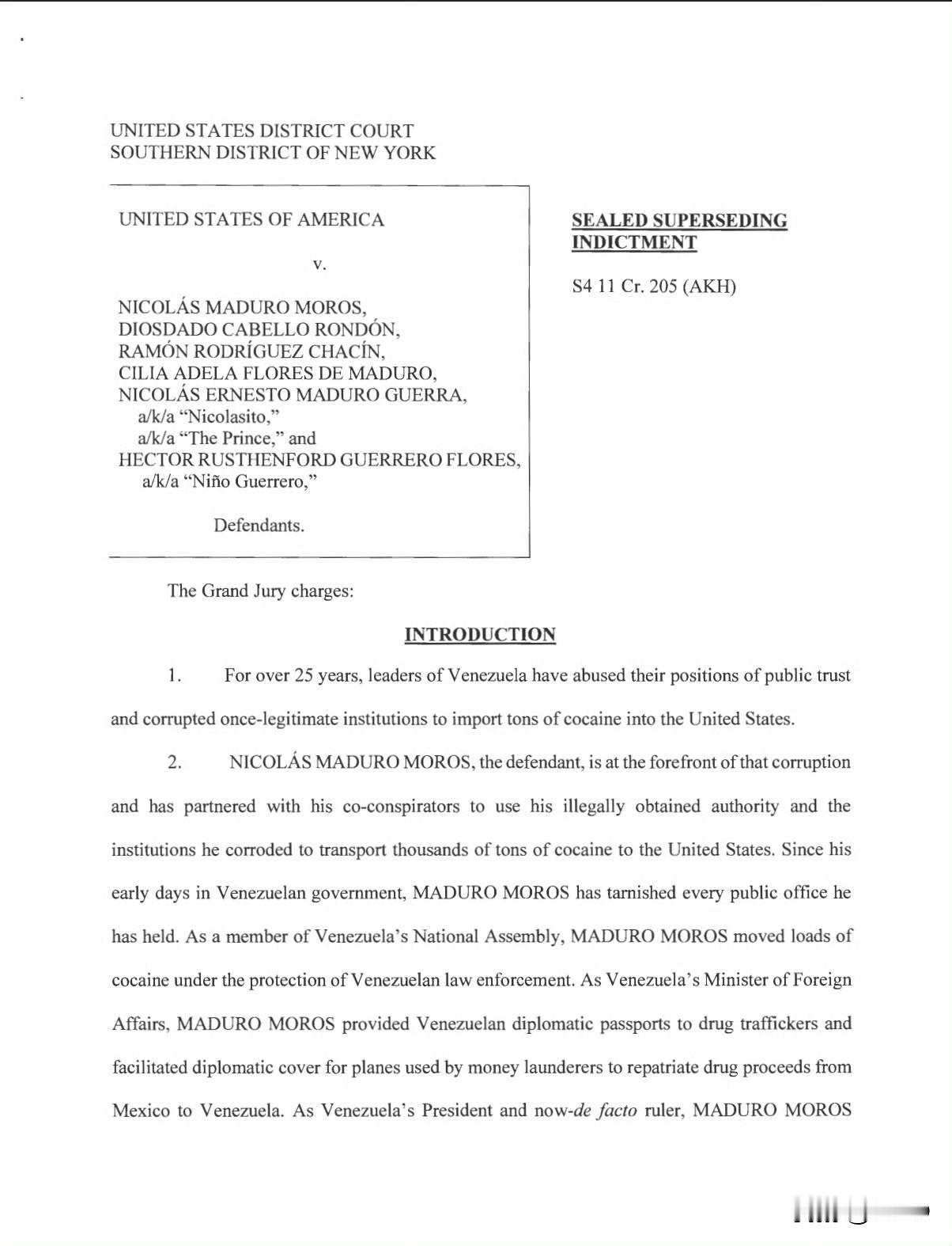 美国司法部发布马杜罗的起诉书。