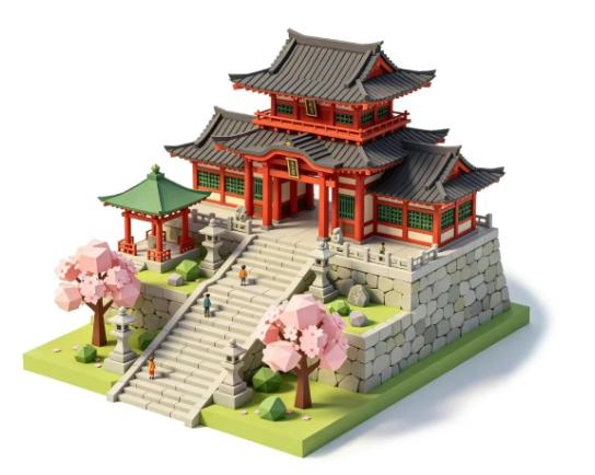 如何让AI去设计3D微缩场景?（附提示词）
故宫角楼、日式神社、韩式建筑全都能 