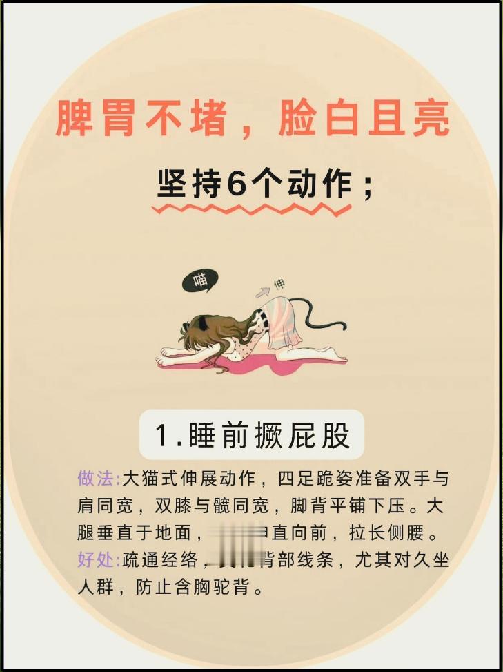 坚持6个动作。坚持6个动作
脾胃不堵
脸白且亮
