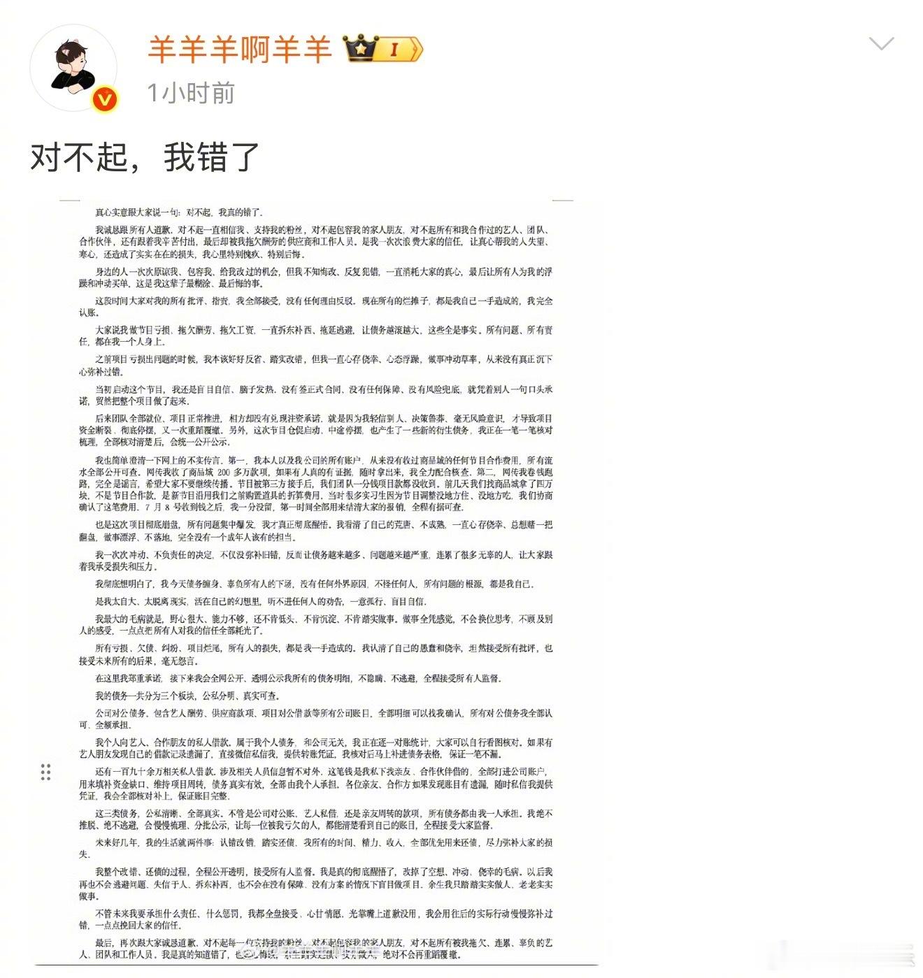 【导演羊羊羊承认拖欠酬劳】导演羊羊羊回应节目债务问题 11日，《开放营业中》《百
