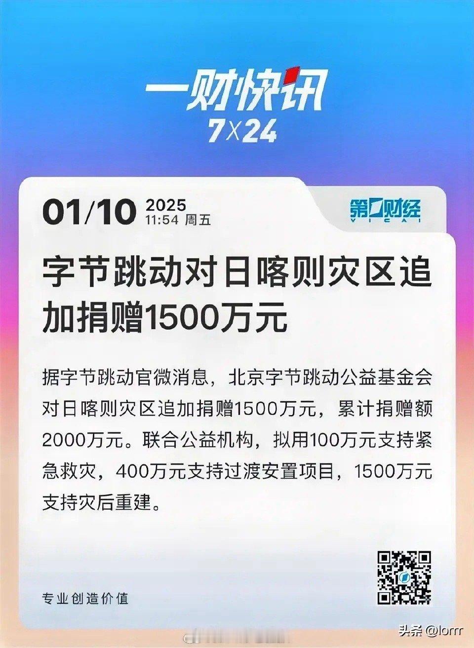 字节跳动对日喀则灾区追加捐赠1500万元！就在刚才，字节跳动宣布向西藏日喀则追加