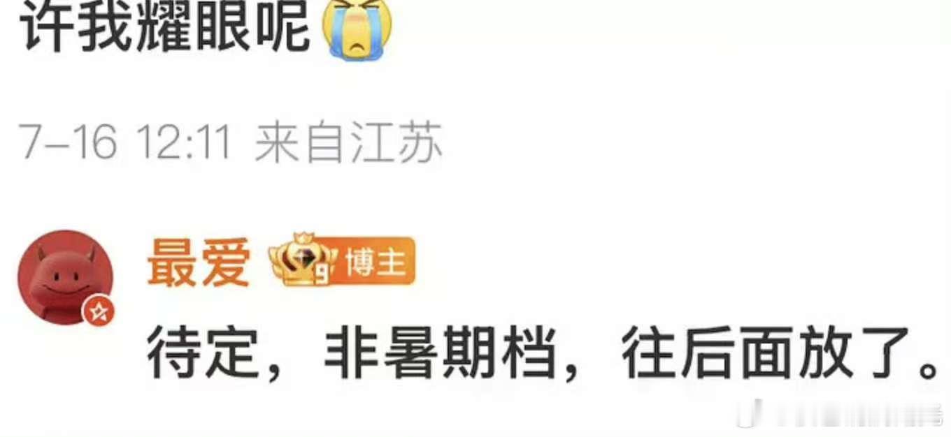 曝许我耀眼播出延后曝许我耀眼档期延后 有瓜主说《许我耀眼》非暑期档，往后面放了 