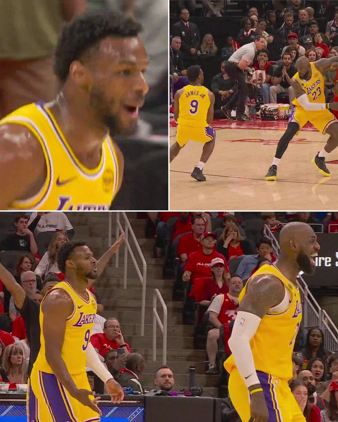 半场结束，湖人63-52火箭第二节最大的亮点就是詹姆斯父子连线布朗尼连拿5分，大