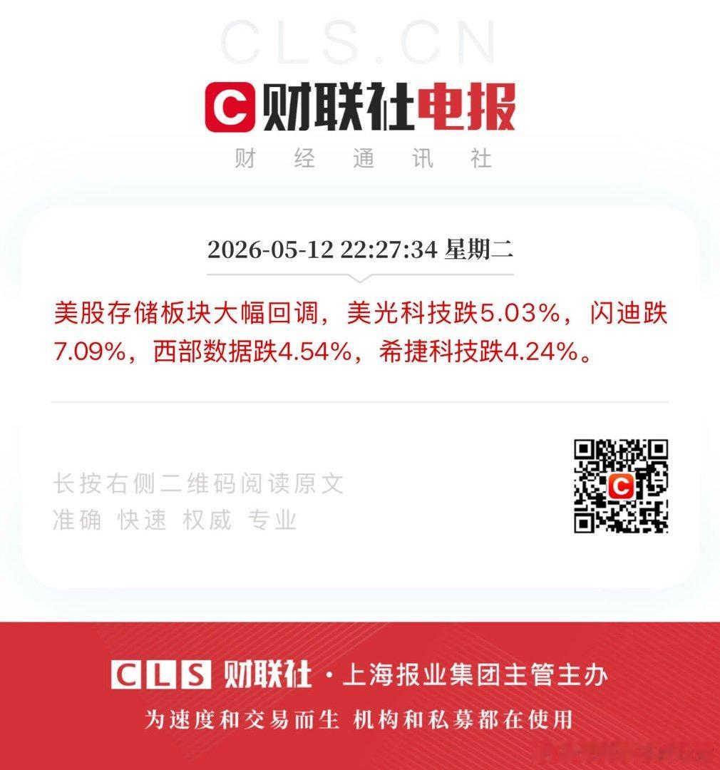 美股存储板块大幅回调，美光科技跌5.03%，闪迪跌7.09%，西部数据跌4.54