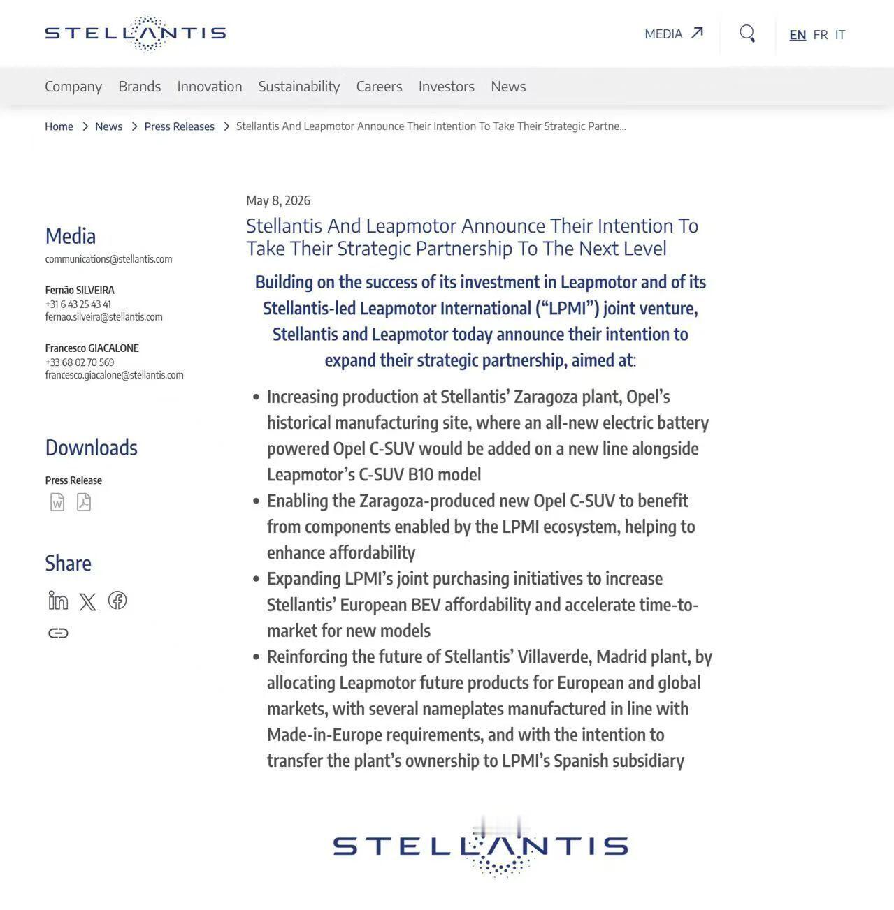 Stellantis宣布与零跑汽车扩大战略合作5月8日，Stellantis宣布