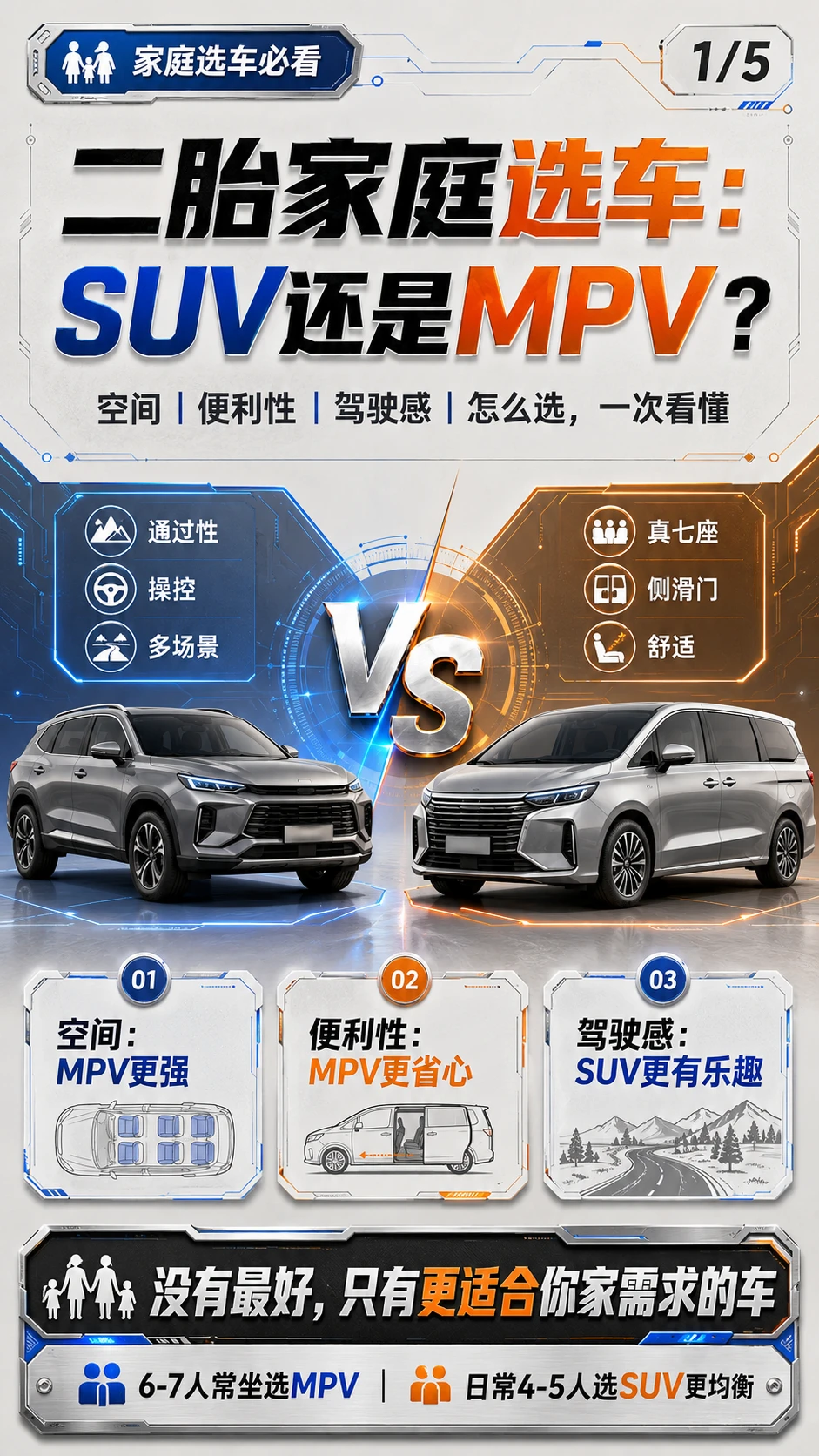 二胎家庭选车不纠结！MPV真七座+侧滑门更实用，SUV操控通过性更好...
