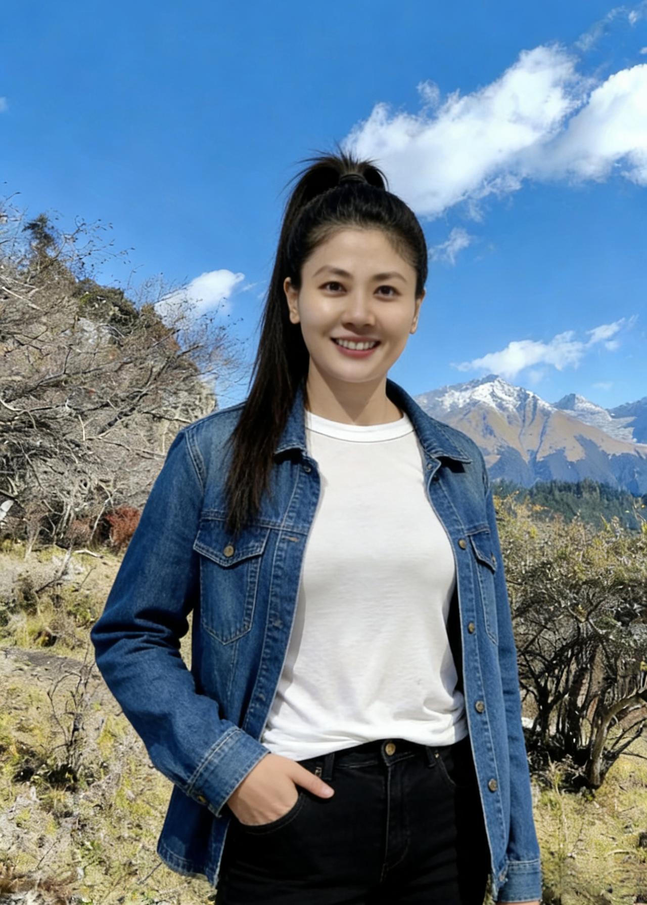 白衫黑裤踏歌行，雪岭蓝天入眼明。
一笑嫣然风也醉，野花随步落琼英。