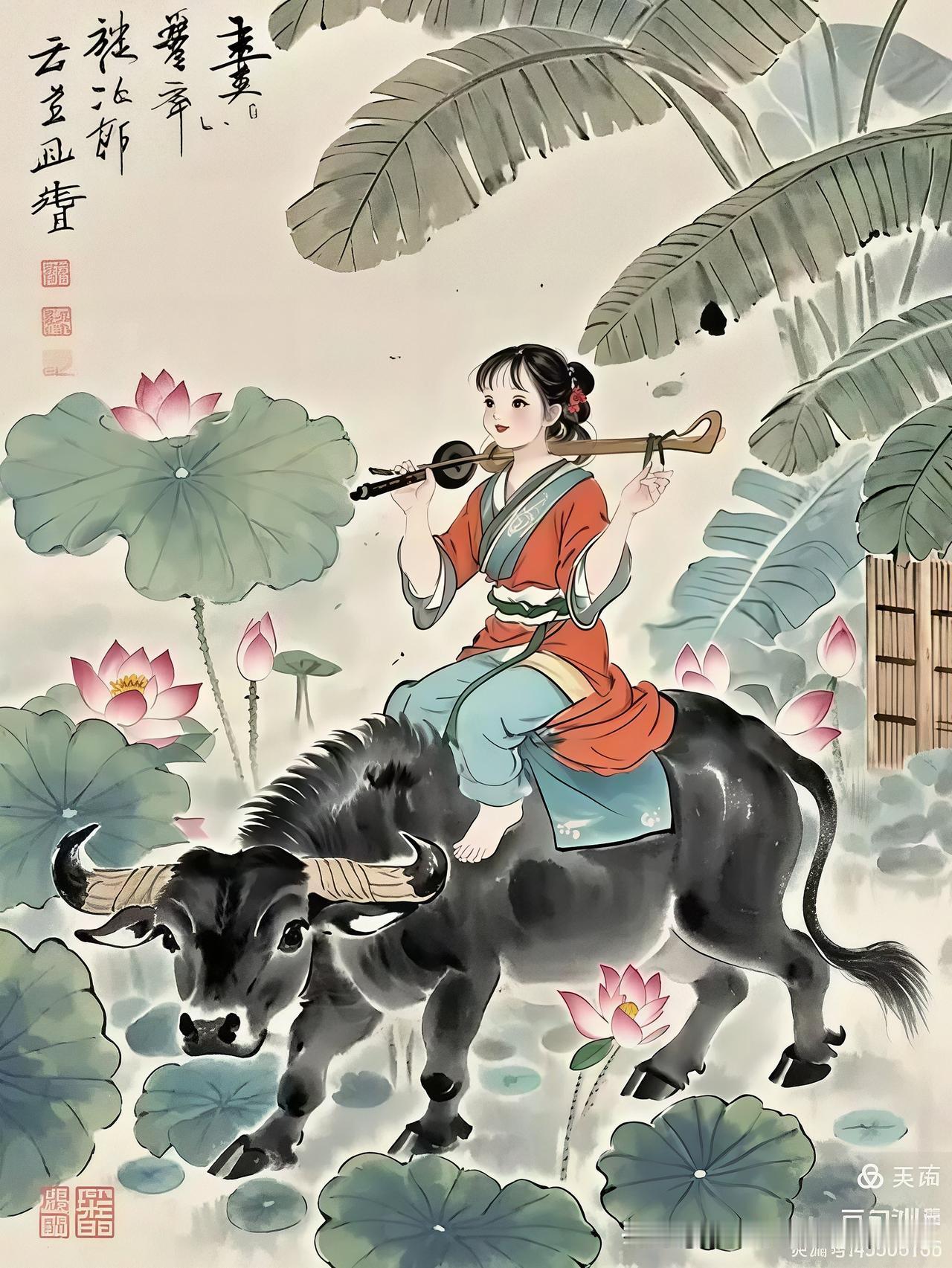 《巴女谣》
——唐·于鹄
巴女骑牛唱竹枝，
藕丝菱叶傍江时。
不愁日暮还家错，
