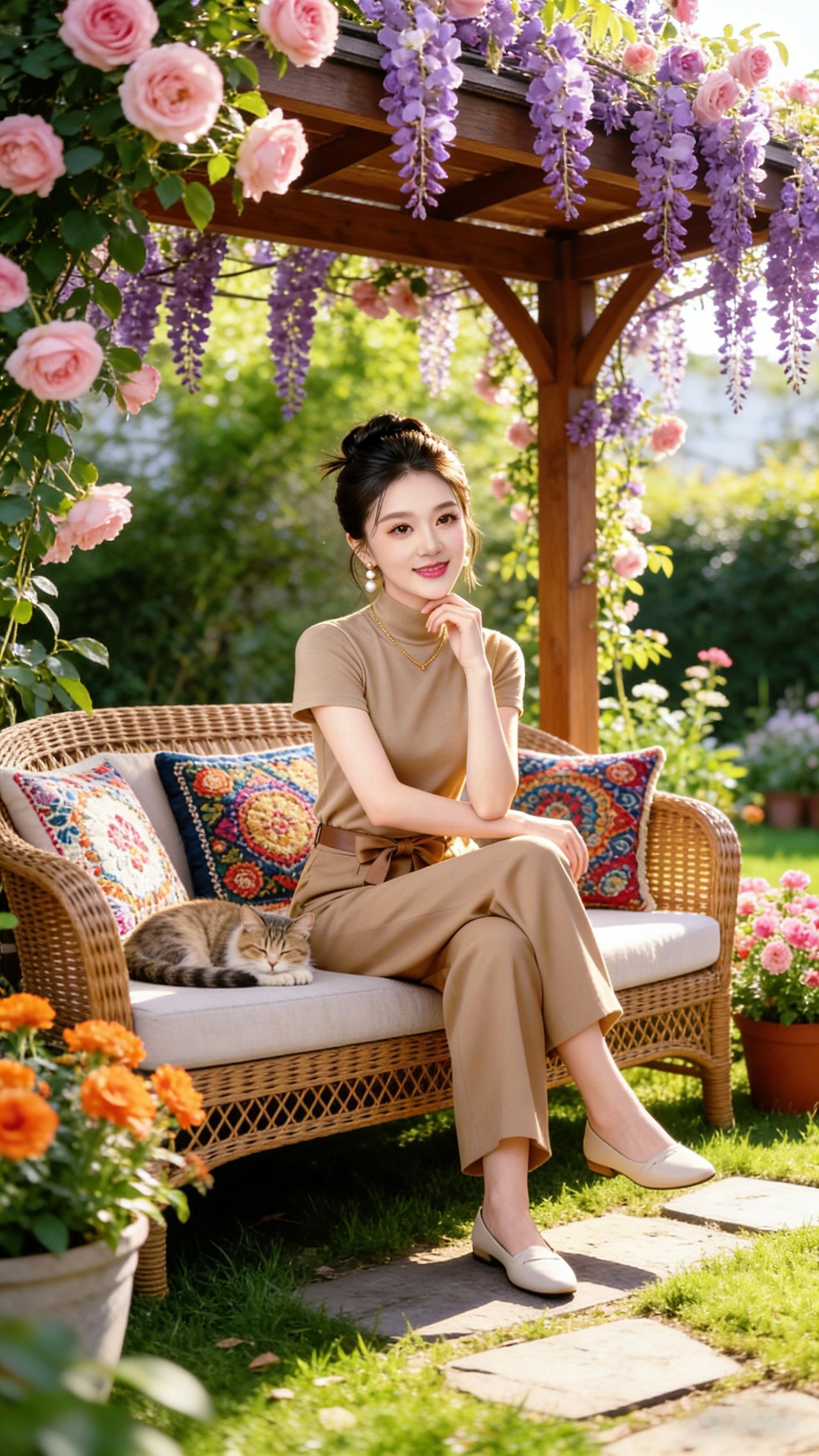 阳光灿烂的私家花园，木质凉亭缠满粉蔷薇与紫紫藤。藤编沙发上放着彩绣抱枕，美女安坐