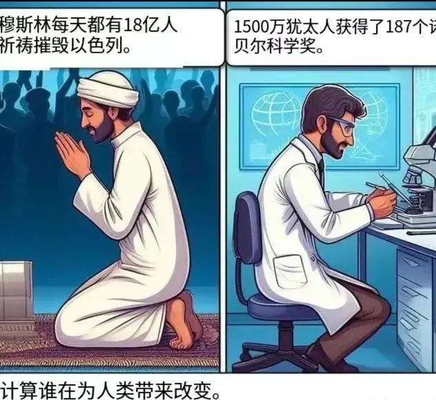 最近经常可见这张图片：穆斯林每天有18亿人祈祷摧毁以色列，而1500万犹太人获得