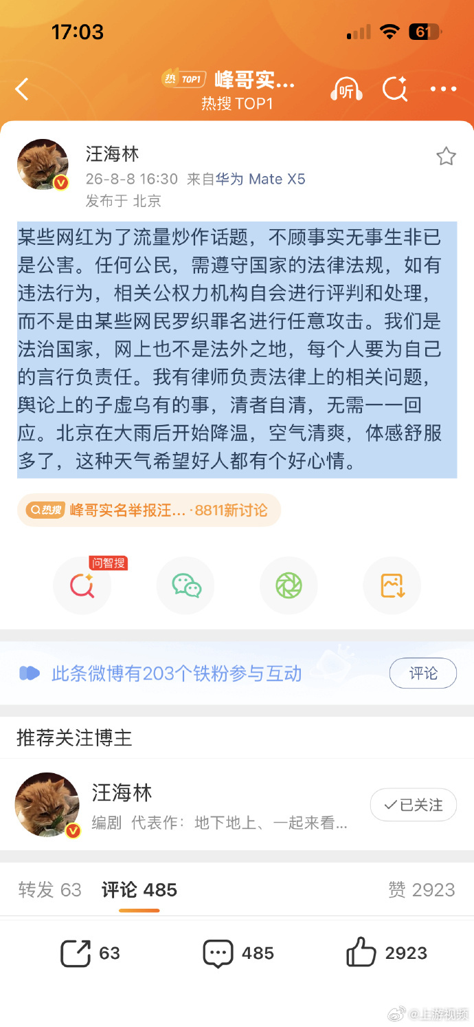 【#汪海林说被举报子虚乌有#】#汪海林回应被实名举报偷税漏税#8月8日，“峰哥亡