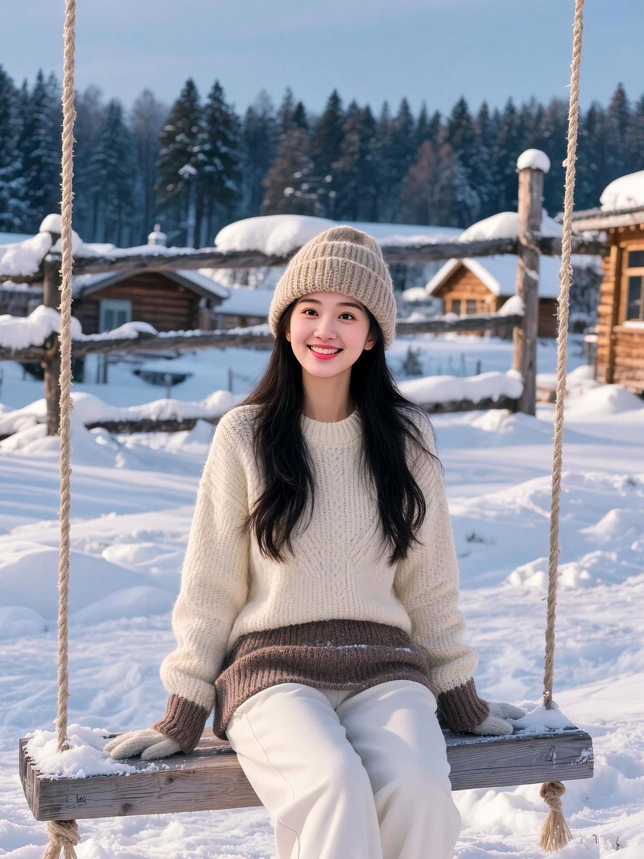 AI雪地秋千照 抖音ai创作 高颜值