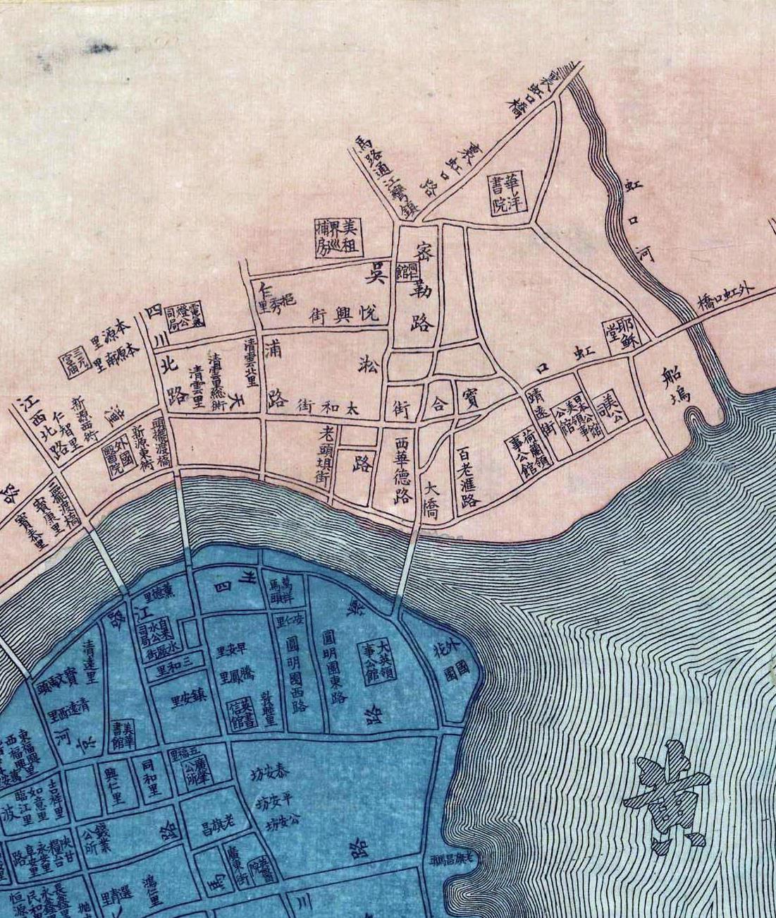 1884年的上海城厢图，那时外滩码头林立。1884年的上海，主要都市区...