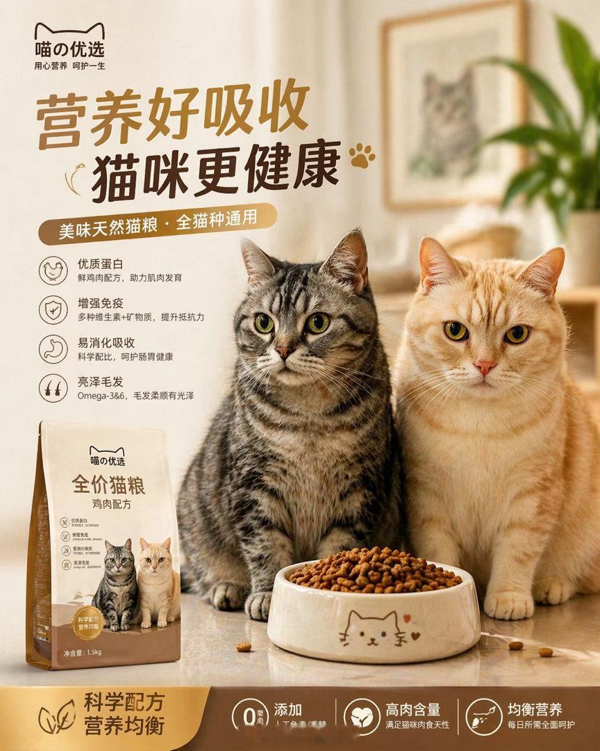 莫名其喵  用两猫照片让gpt生成猫粮广告图，一句话指令已能生成中文无障碍的设计