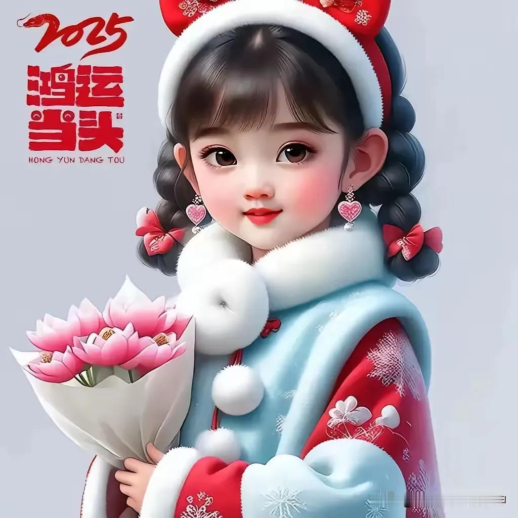 2025年鸿运当头，可爱女孩手捧粉色莲花，迎接新年好运！🎉💐