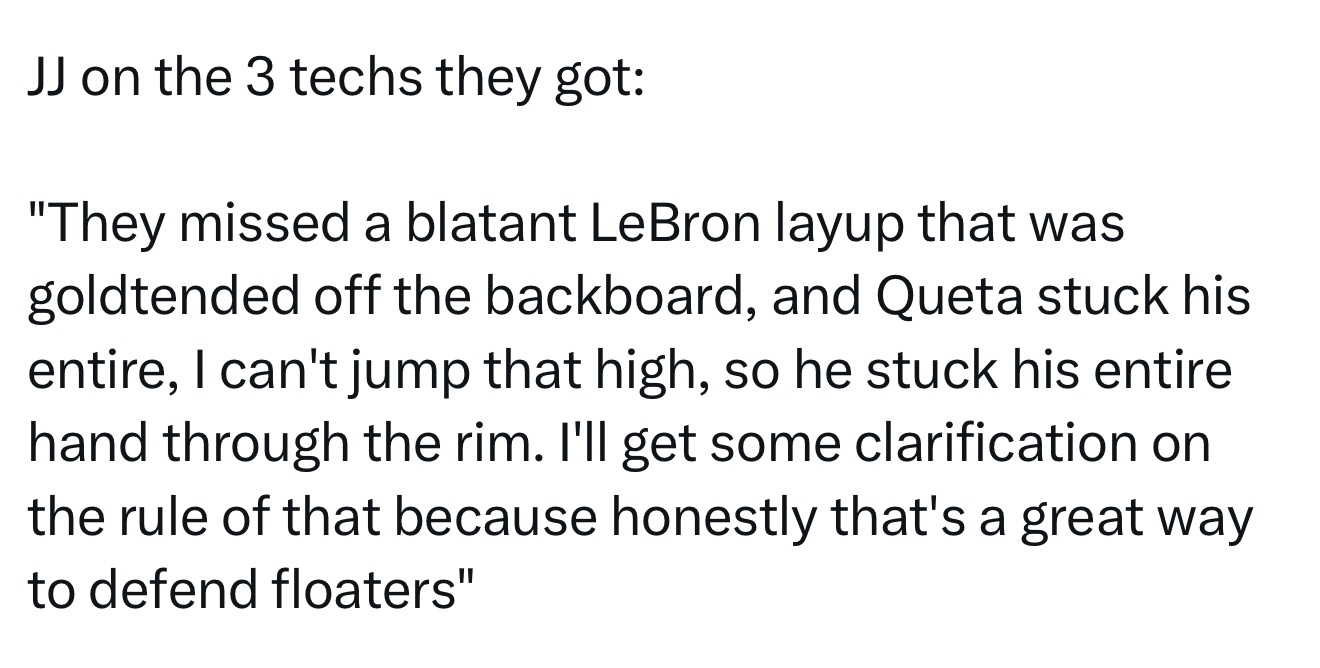 雷迪克谈到球队吃到的三次技术犯规时表示：“他们漏判了一个明显的勒布朗上篮干扰球（
