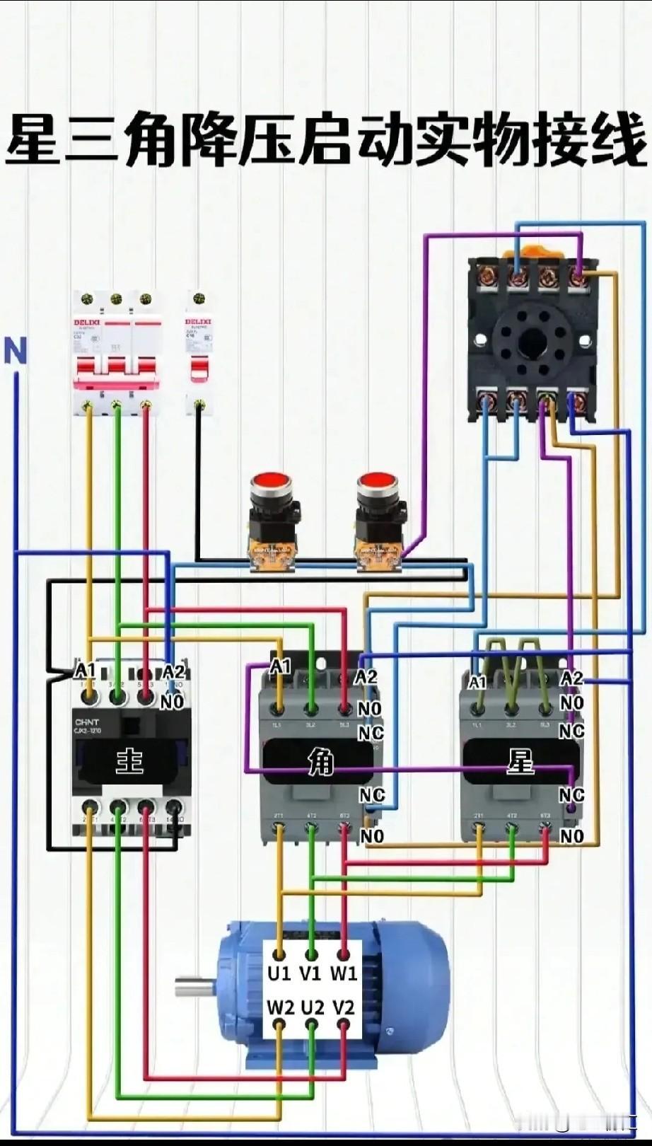 星三角降压启动控制线路原理还挺有意思。当电机启动时，它先以星形接法运行，这种接法