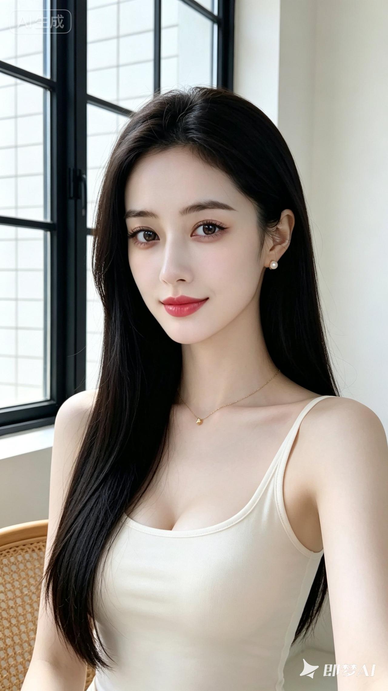 温柔甜美的少女，窗边轻笑，自然光下更显动人。