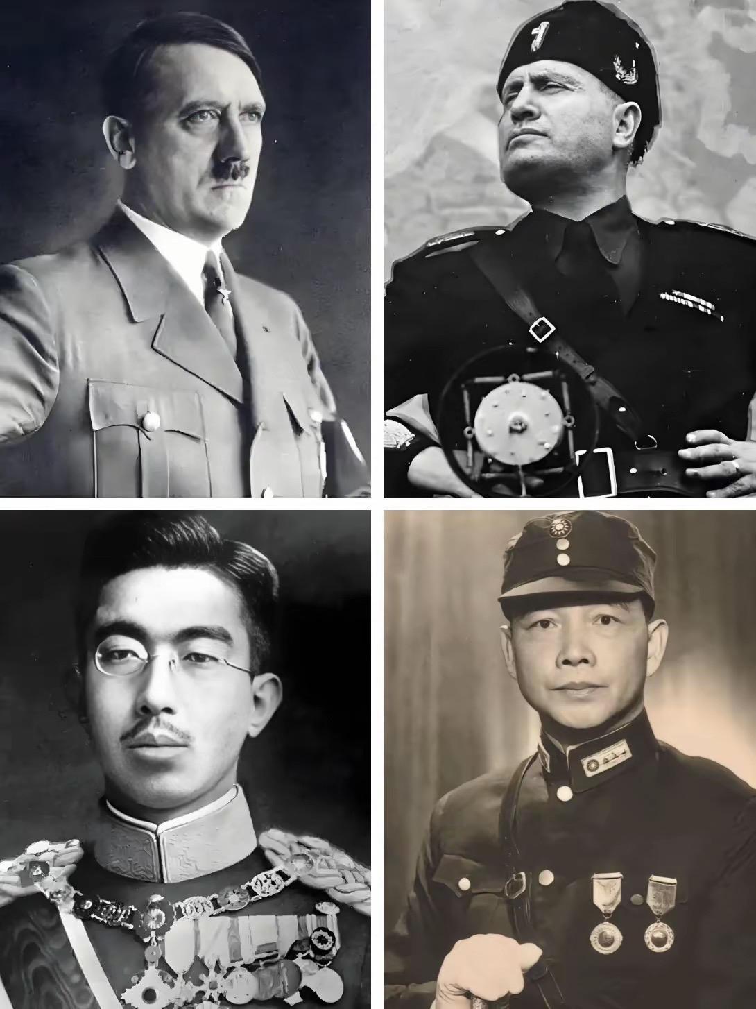 第一张图片：希特勒，墨索里尼，裕仁，汪精卫；第二张图片：罗斯福，斯大林...