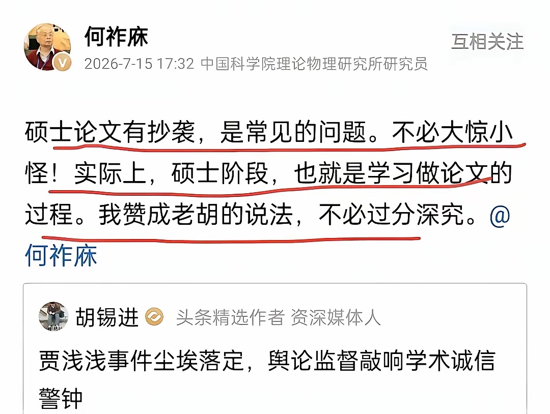 何祚庥：我赞成老胡的说法，论文抄袭不必过分深究 