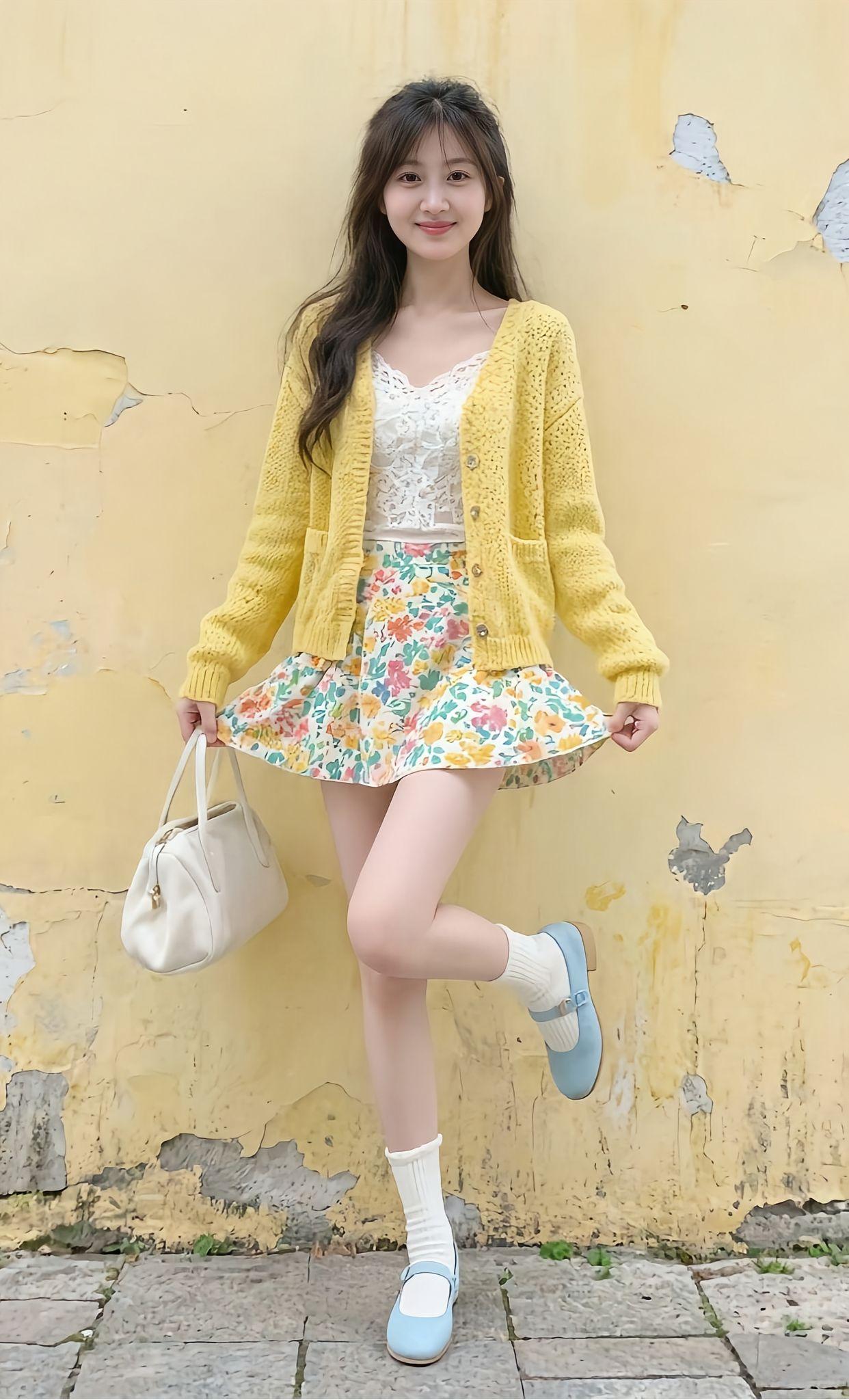 穿黄色毛衣的小仙女在拍照。