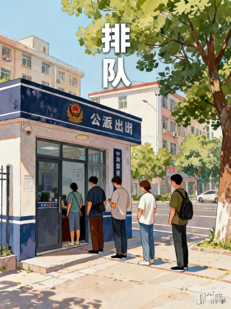 今天早上6点就起来，6点半没吃饭就到楼下的派出所去排队。到的时候，已经有两位老大