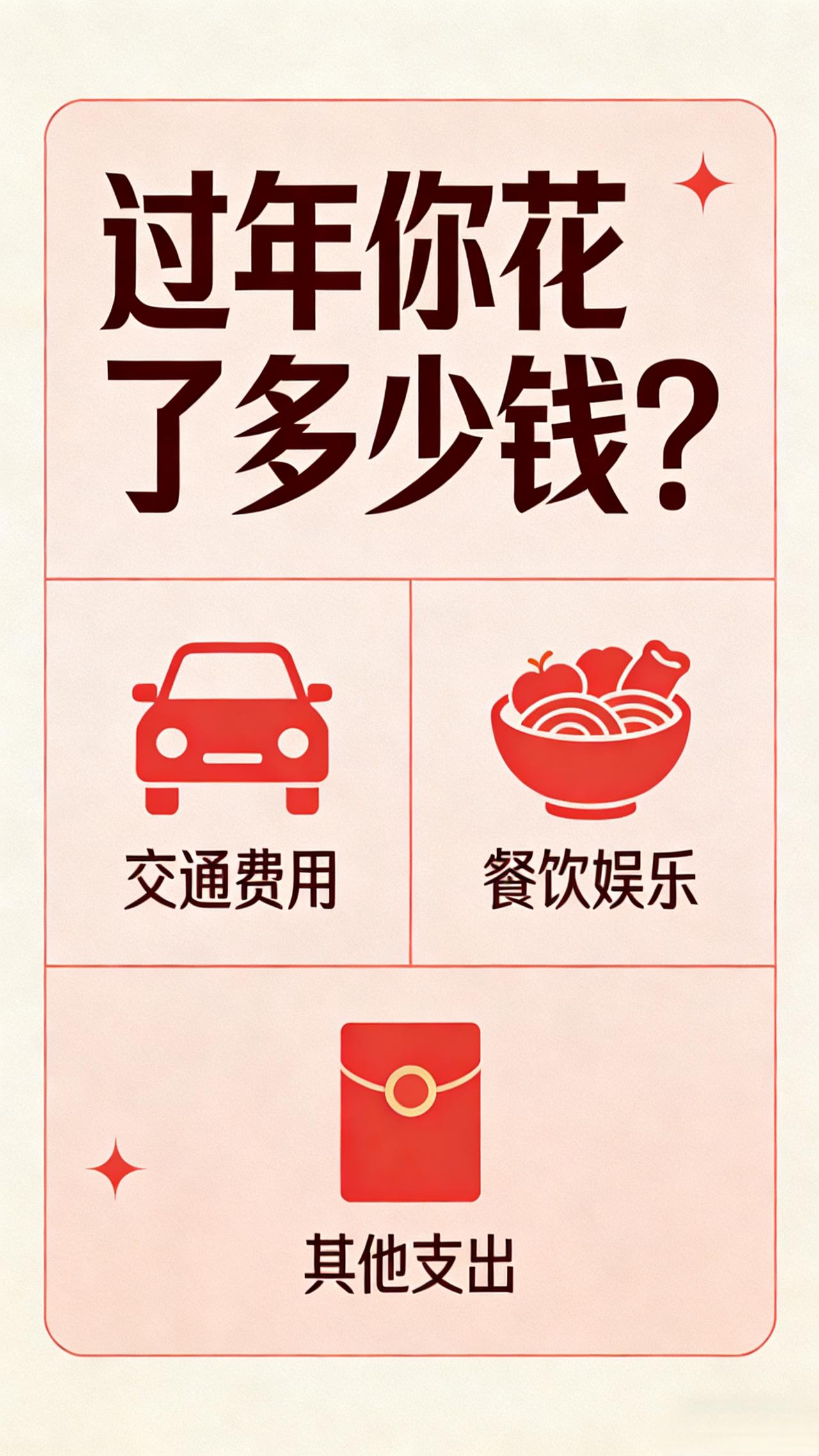 朋友们，敢不敢晒出你过年花了多少钱？
今天算了一下，今年春节花了大概一个半月工资