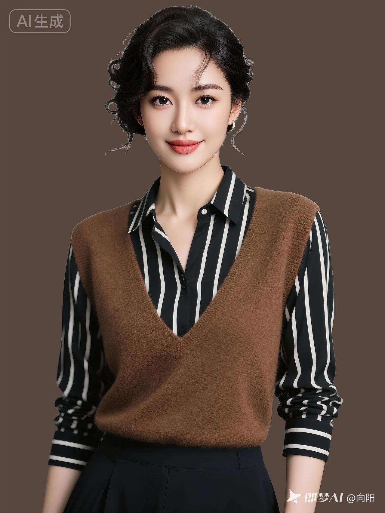 优雅职场穿搭，条纹衬衫+棕色背心，气质满分！👗💄