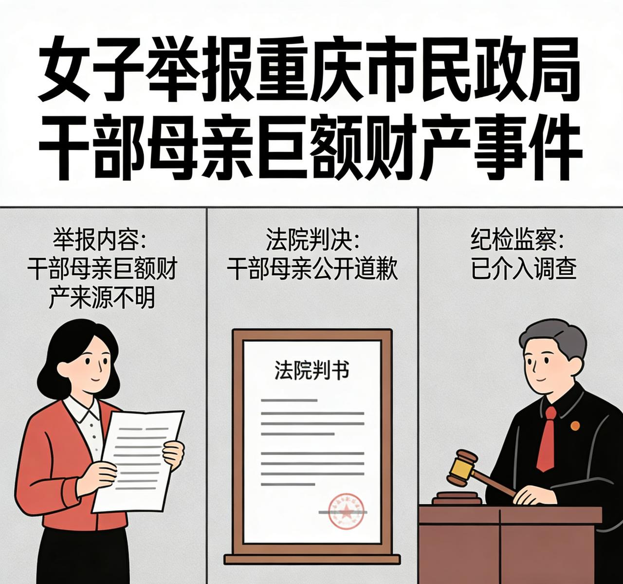 女子举报重庆市民政局干部母亲巨额财产 法院判道歉 纪检监察已介入。
近日，重庆一
