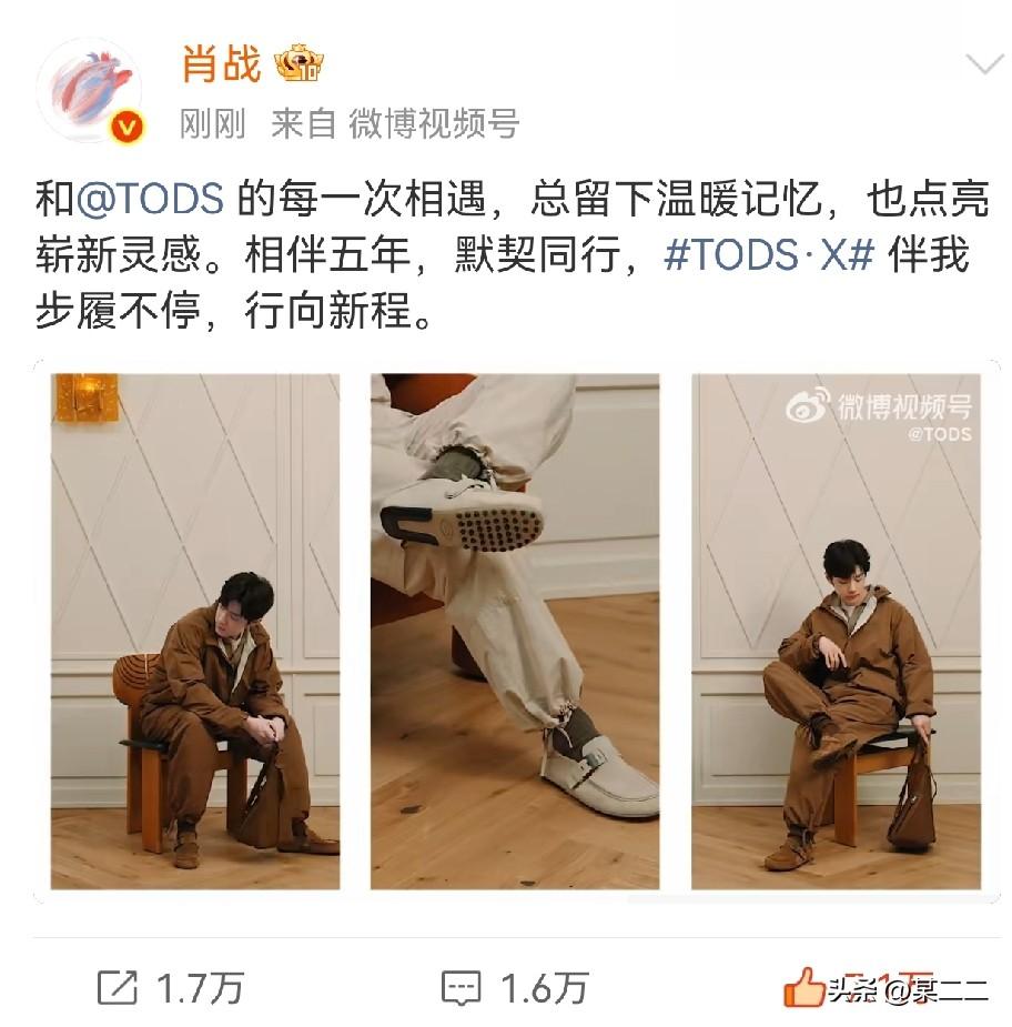 肖战发微博啦，和TODS 的每一次相遇，总留下温暖记忆，也点亮崭新灵感。相伴五年