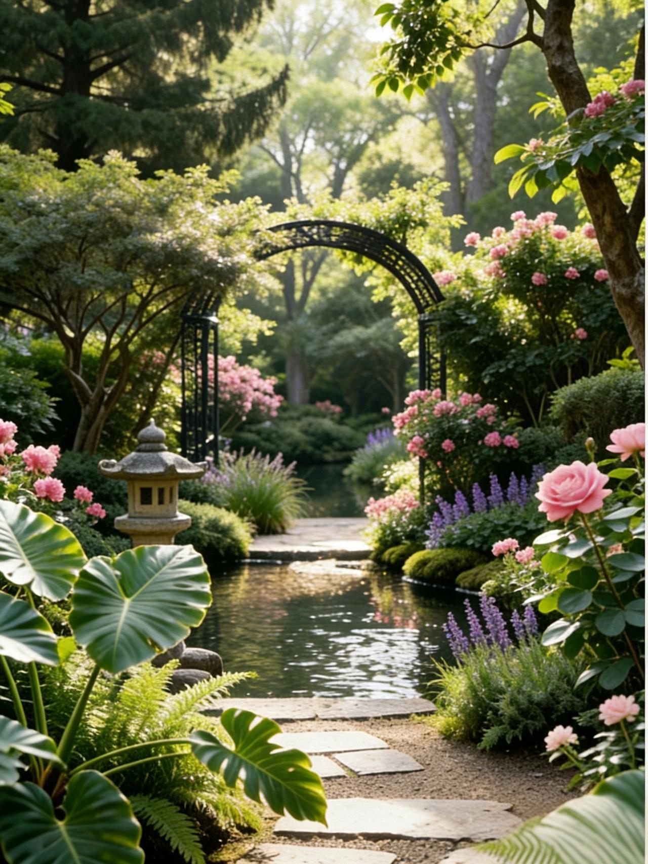 这是一处雅致的苏州园林，青石板小径蜿蜒，繁花与绿植相映，尽显江南的温婉与宁静。