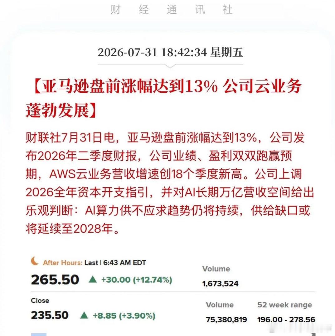 盘前再涨13%！亚马逊爆料：算力缺口延续至2028，国产算力的泼天富贵终将要砸来