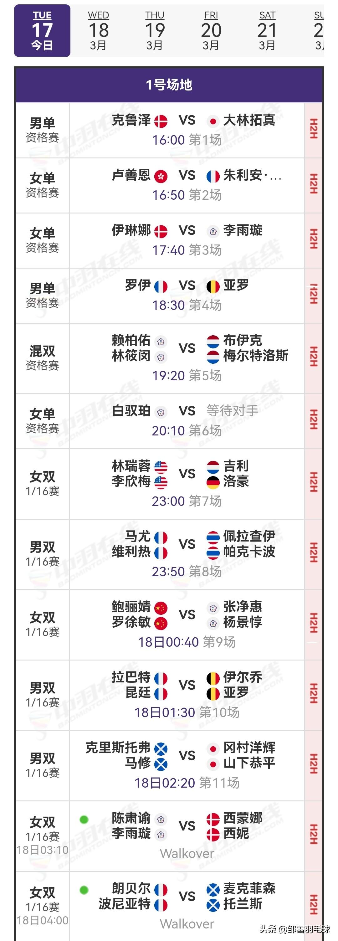 3月17日奥尔良羽毛球大师赛首日赛程安排

今日，2026年奥尔良羽毛球大师赛正