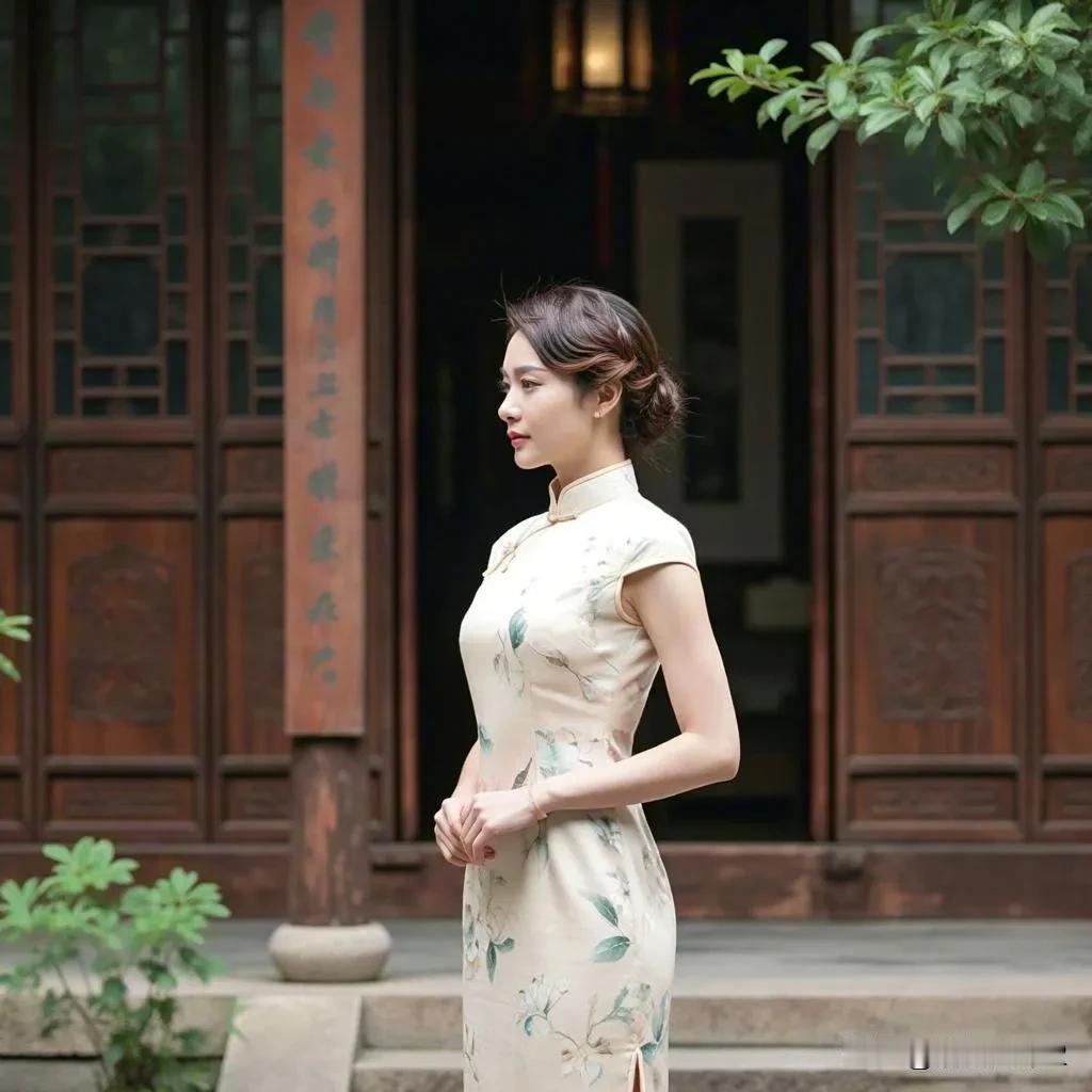 古韵静娴

米色绮裳绣雅芳，

旗袍轻曳映晨光。

云鬓高挽凝玉颜，

浅笑嫣然