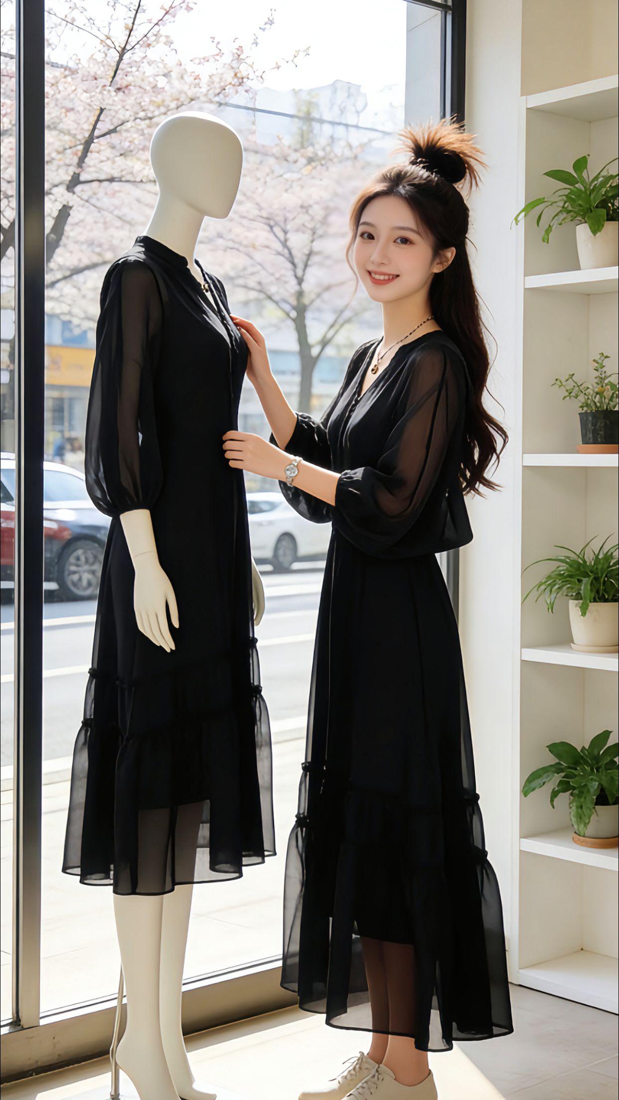早春的风拂过发梢，Danny换上这件法式赫本风黑裙，V领勾勒出温柔线条，半透长袖