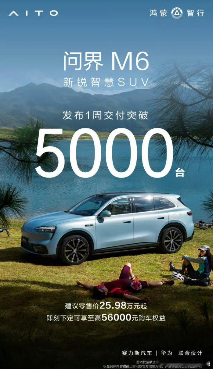 问界M6交付破5000了。我前几天在路上还看见一辆，当时看着比它的几位老大哥看着