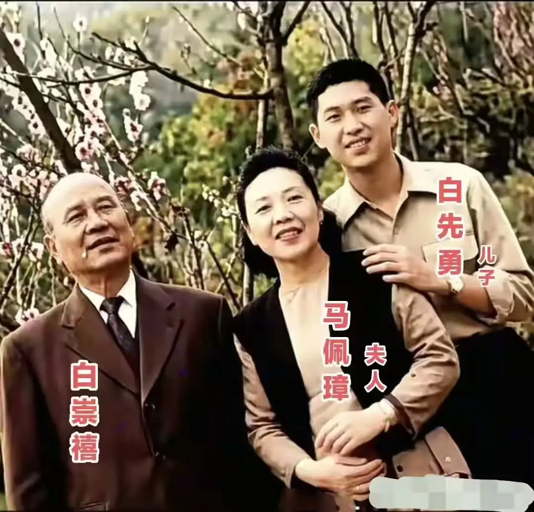 1958年，白崇禧与夫人马佩璋，儿子白先勇在台湾处于褪去军政实权、居家归隐的生活