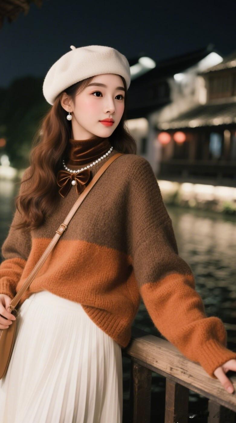 夜色如墨，美人倚栏。分享生活随手拍 夜色中的温婉少女，复古毛衣与贝雷帽的完美搭配