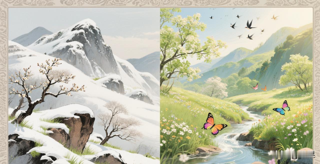 下联：春来万物荣

赏析：这幅下联“春来万物荣”与上联“冬去千山秀”相映成趣。从