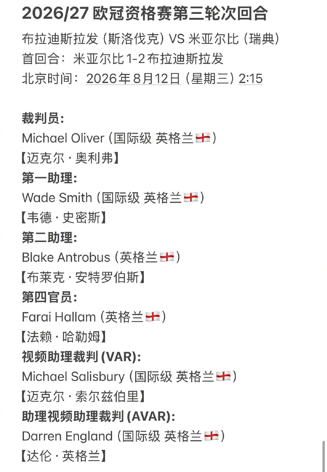本周（8月12日-8月14日），欧战资格赛第三轮次回合打响，奥利弗等3组英格兰裁