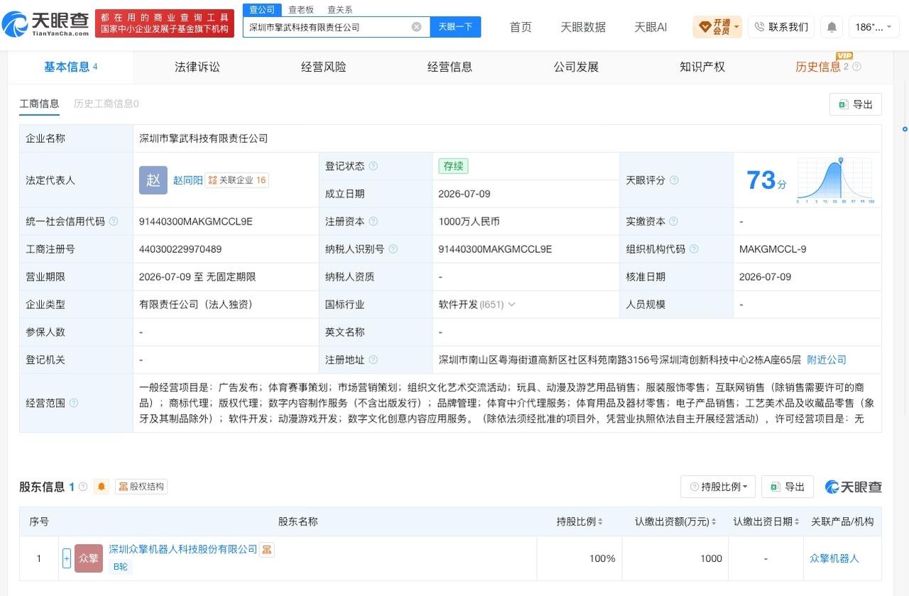 众擎机器人在深圳成立新公司 注册资本1000万

天眼查App显示，近日，深圳市