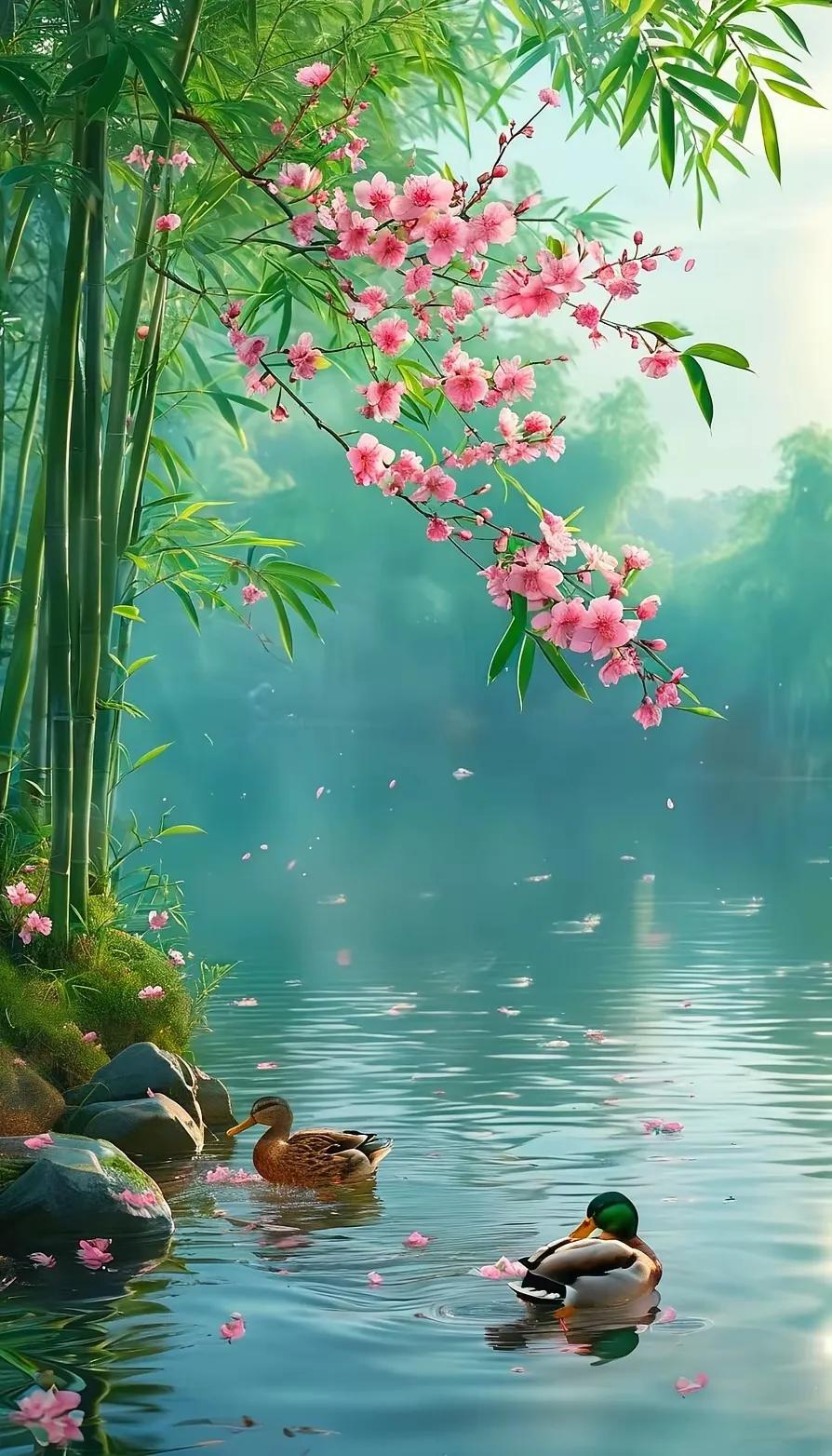 粉英簌簌落清波，
修竹猗猗映翠罗。
双鸭不知春色好，
一心一意鱼虾捉。