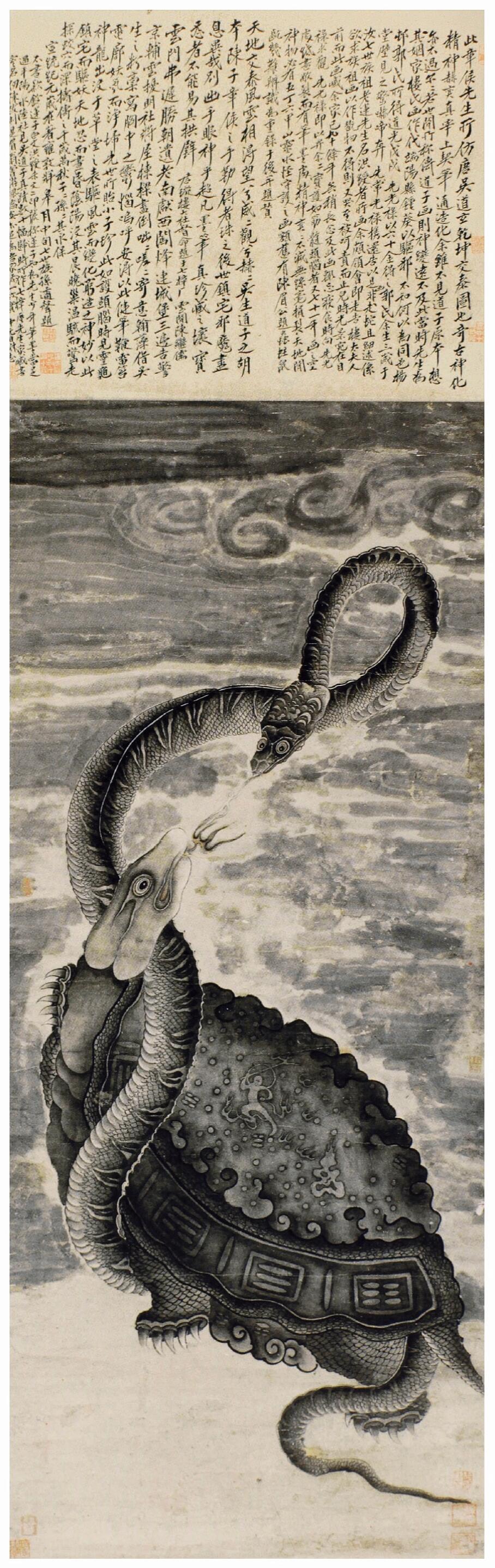 明代·陈洪绶《龟蛇图》 | 浙江省博物馆藏纸本水墨，纵112.4厘米，横45.9