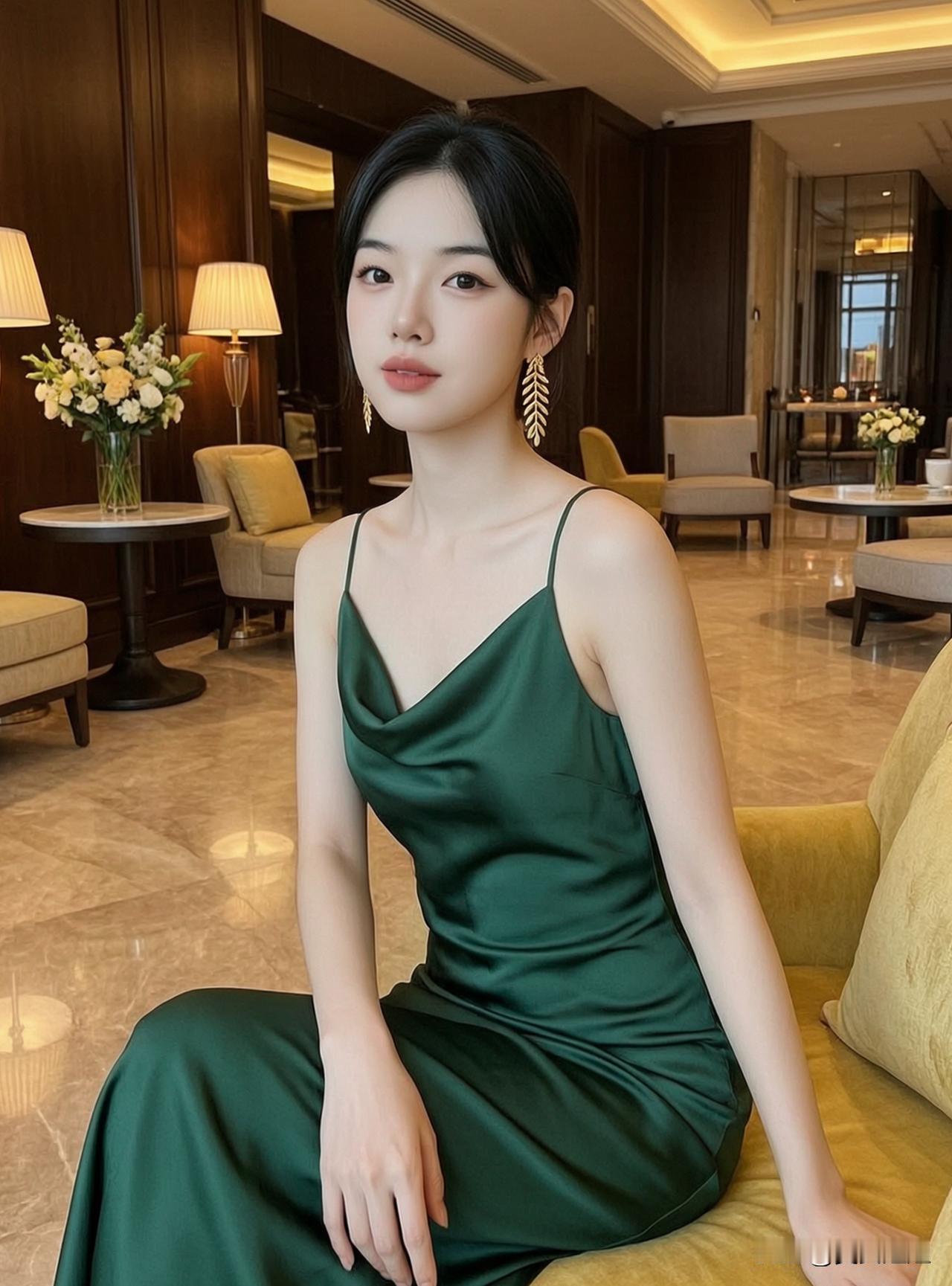 这姑娘穿着绿色连衣裙，坐在沙发上。