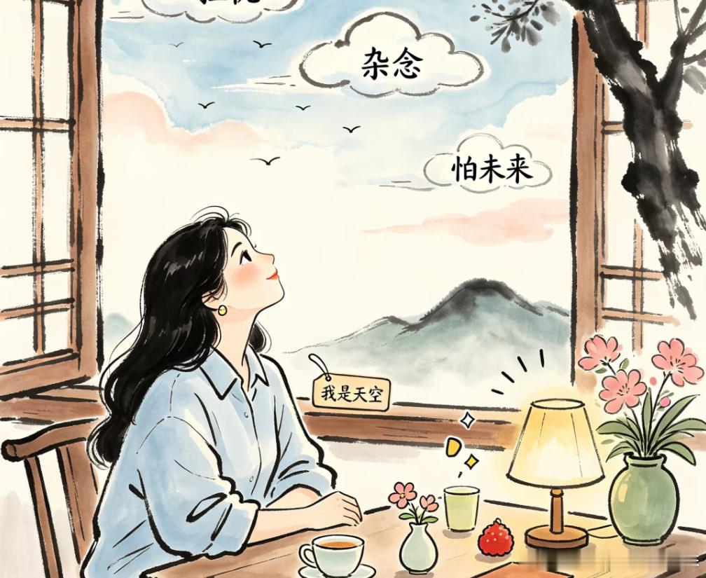 把念头当云，脑里的担忧，像天上云，飘来飘去。你不必抓住每朵，看着它过就行。你是天