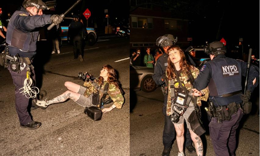 女记者被美国纽约警察打倒在地，并戴上手铐。